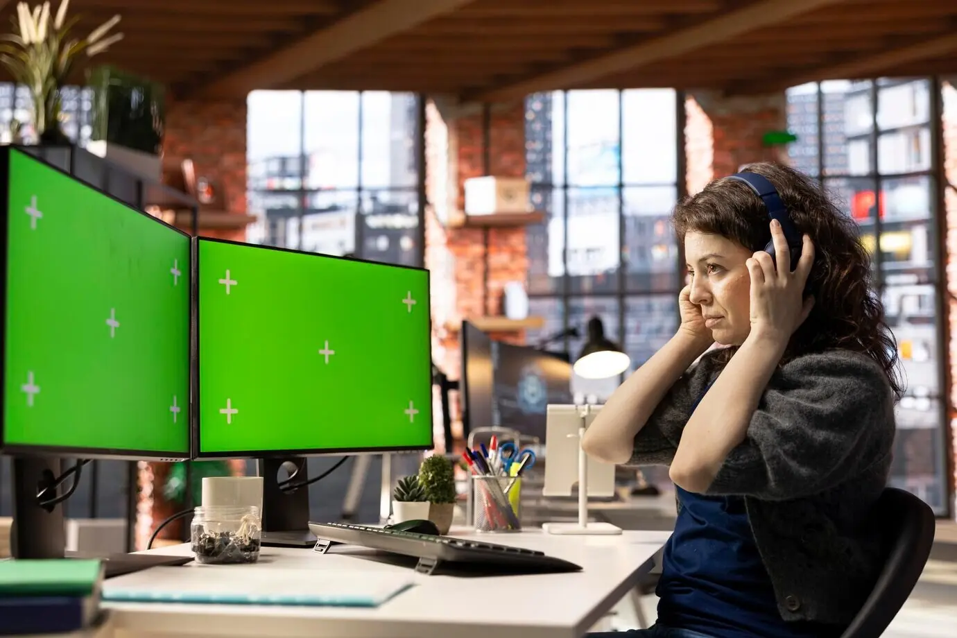 Une employée utilise une maquette d’écran vert et un casque pour terminer des tâches.